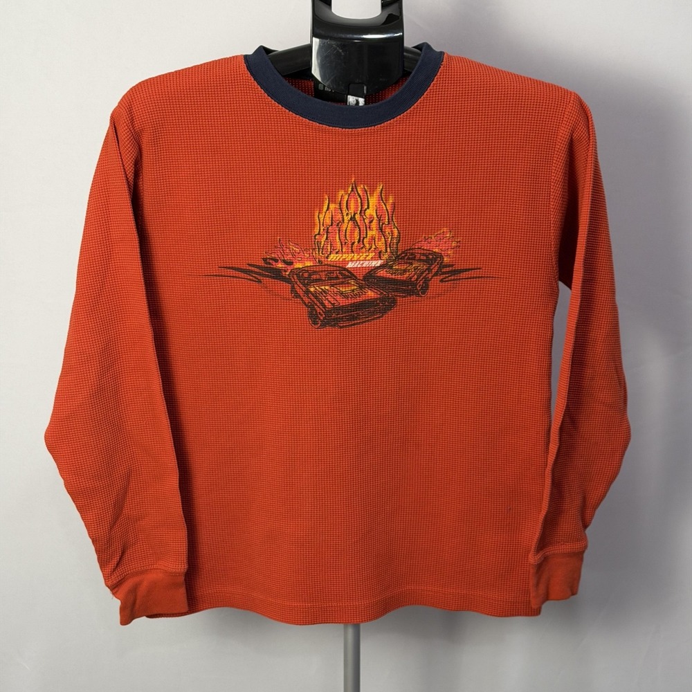 No Boundaries Shirt Boys XL 16-18 Orange Cars Flames Graphic Thermal Long Sleeve